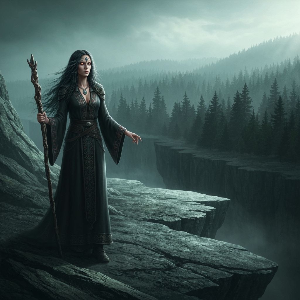 Solitary Witch on Windswept Cliff Overlooking Mystical Fores...