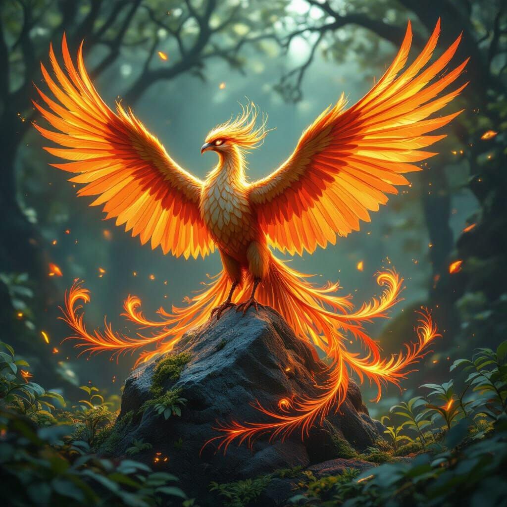 Majestic Phoenix Soaring in Bioluminescent Forest