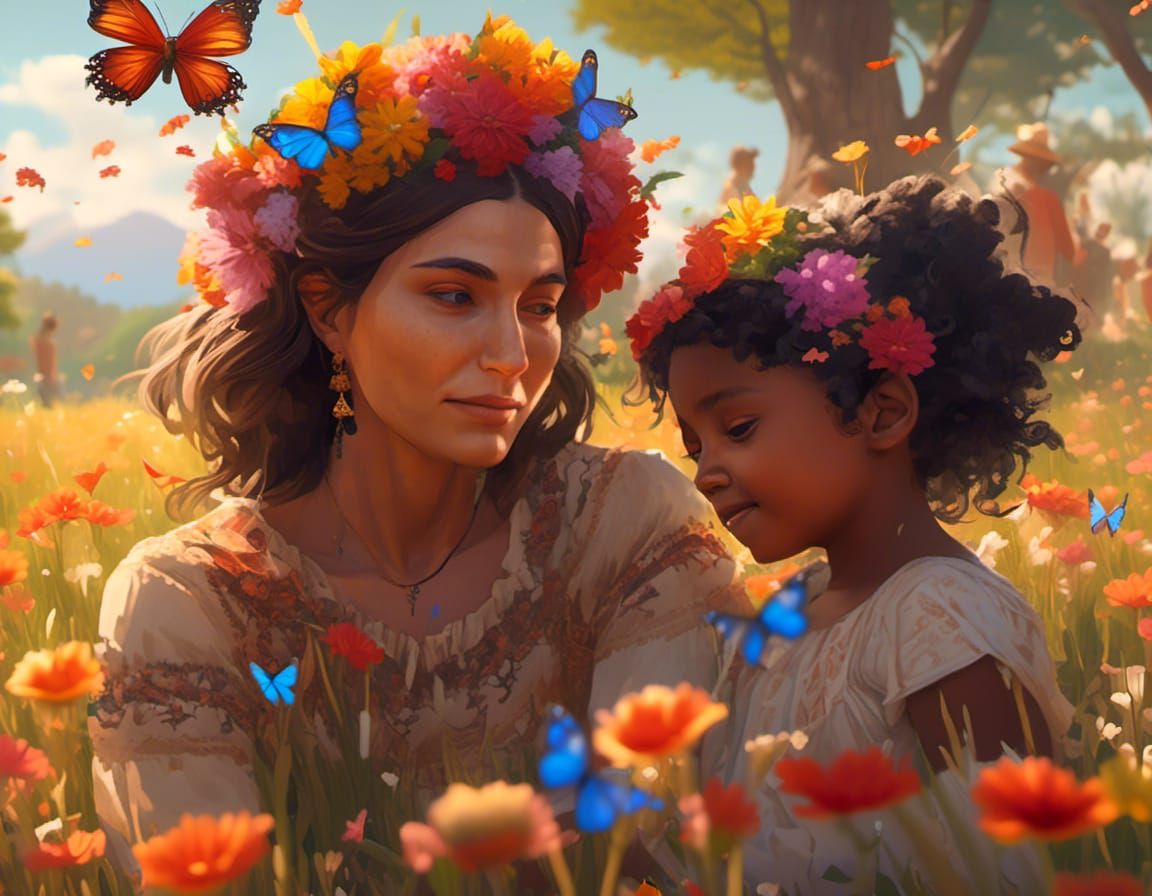 Hispanic Mother and Daughter in Sunny Flower Field