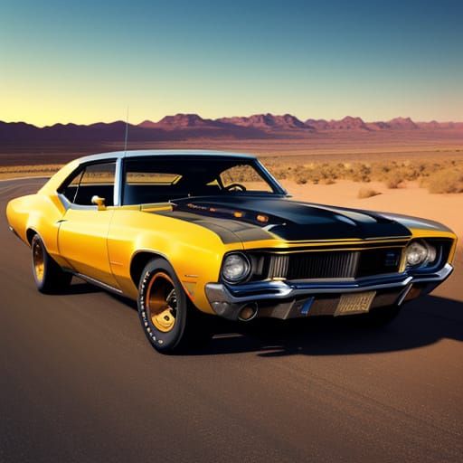 Vintage Muscle Car on Desert Highway at Sunset