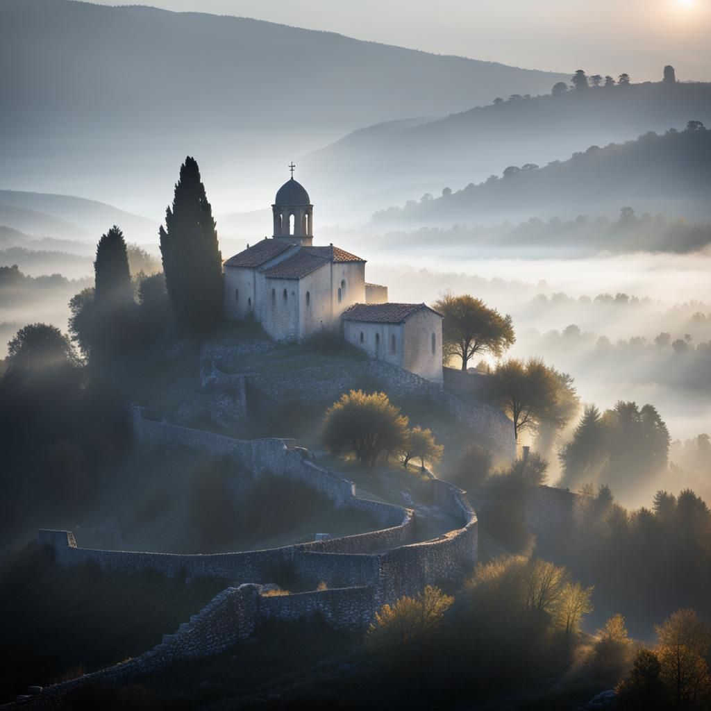 Chapel in Southern France Bathed in Morning Mist