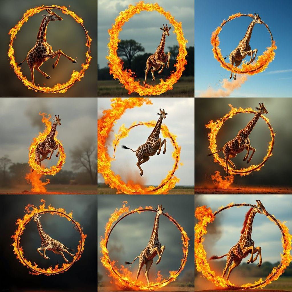 Giraffe Leaps Through Fiery Hoop in Realistic Style