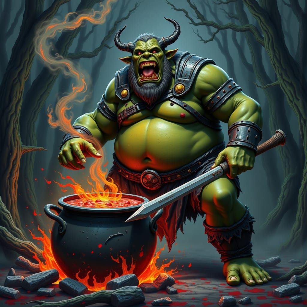 Ogre Brews Potion in Horror Landscape
