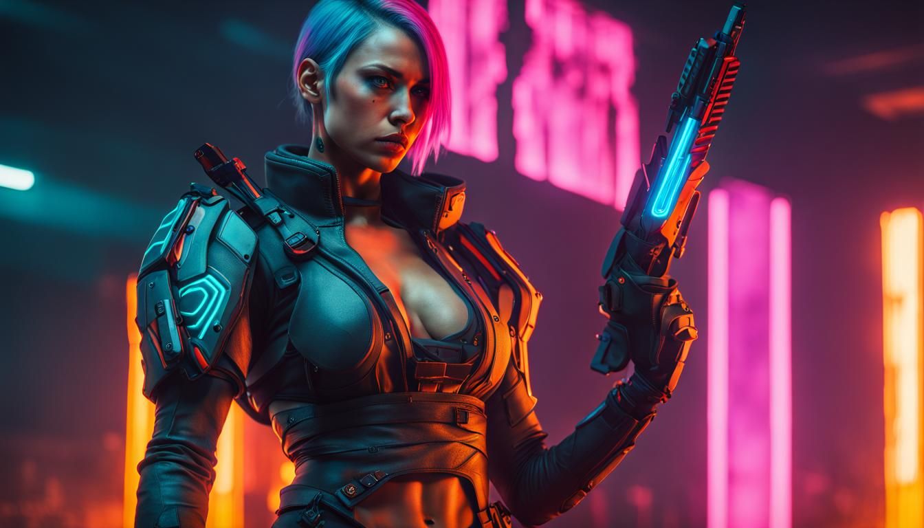 Cyberpunk Female Warrior in Ready Stance