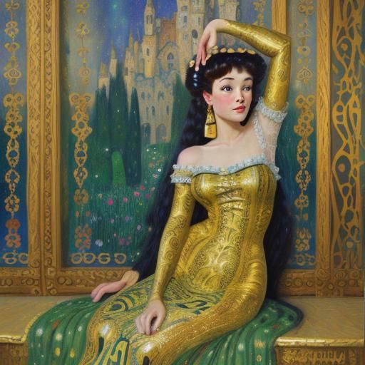 Rapunzel as Pinup: Klimt-Inspired Oil Painting