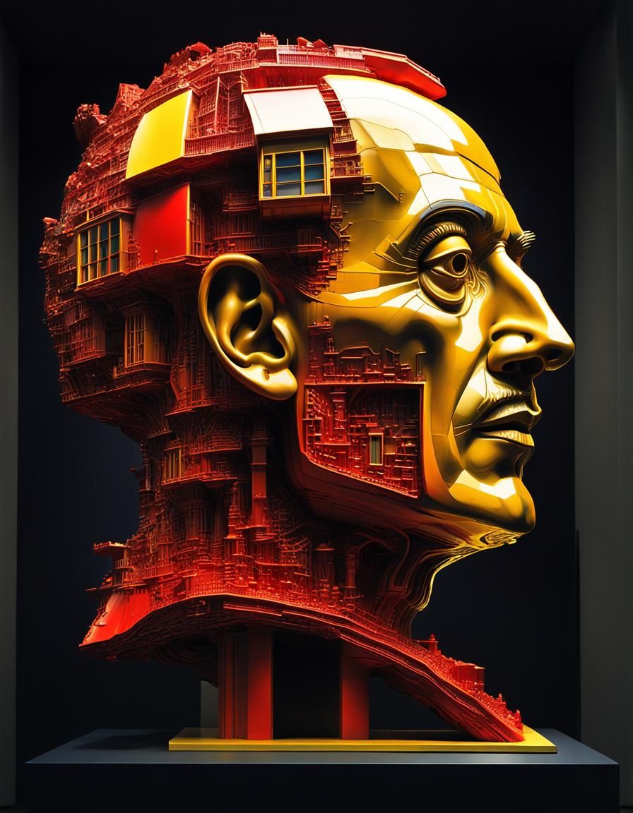 Generating surrealist painting by Dali, a profile view of a cross-sectional sculpture of a head like a building filled w...