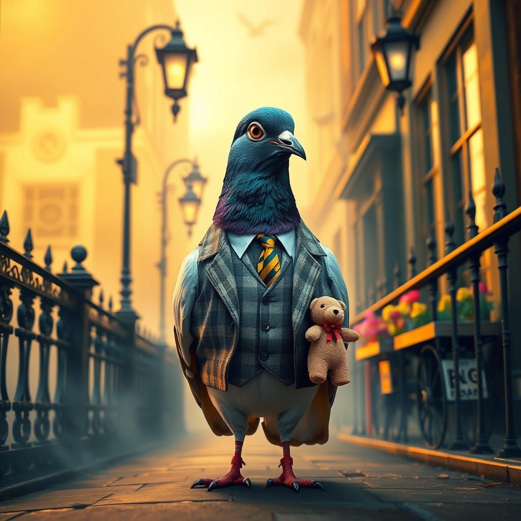 Whimsical London Alleyway Scene with Pigeon as Mister Bean