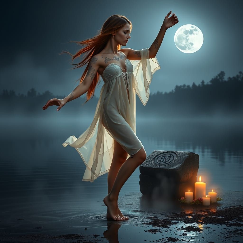 Mystical Slavic Woman Dancing in Moonlight