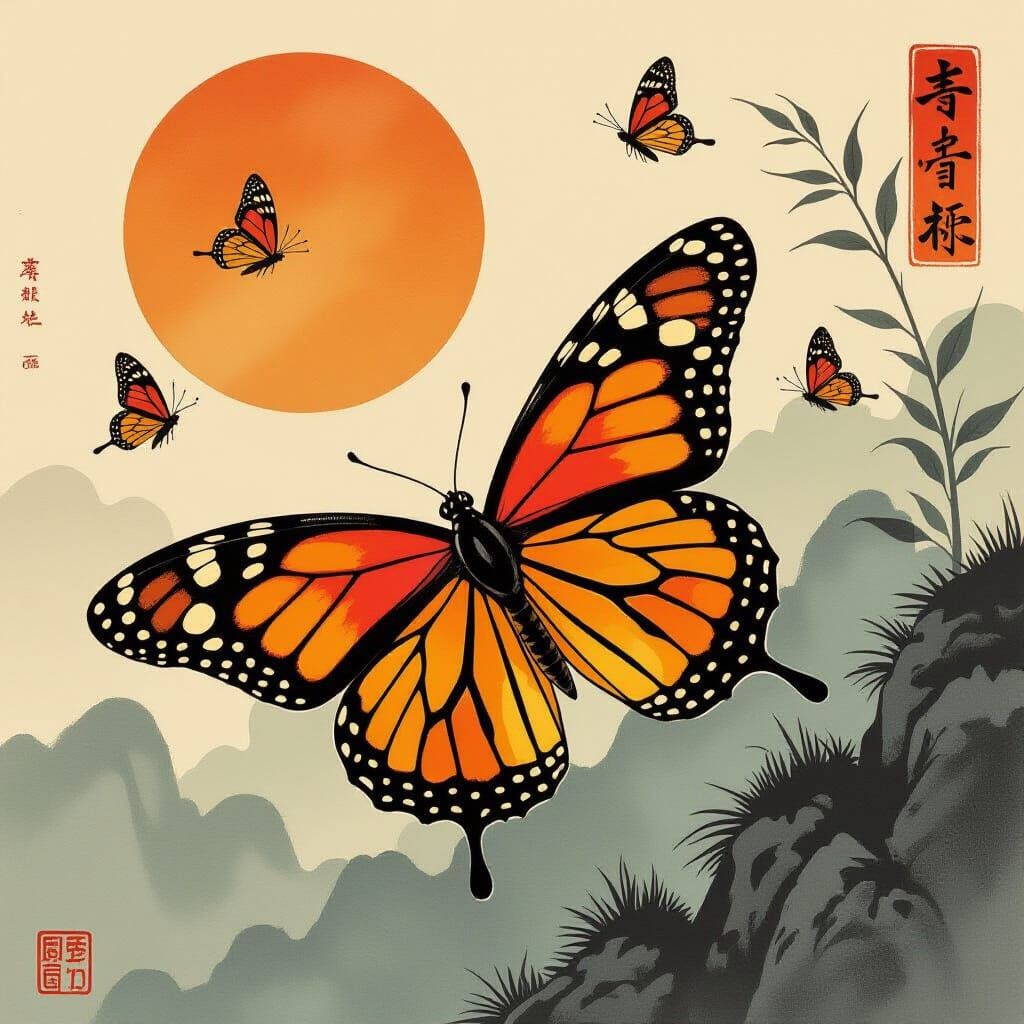 Butterflies Dance in Sunlight: Japanese Ukiyo-e Style