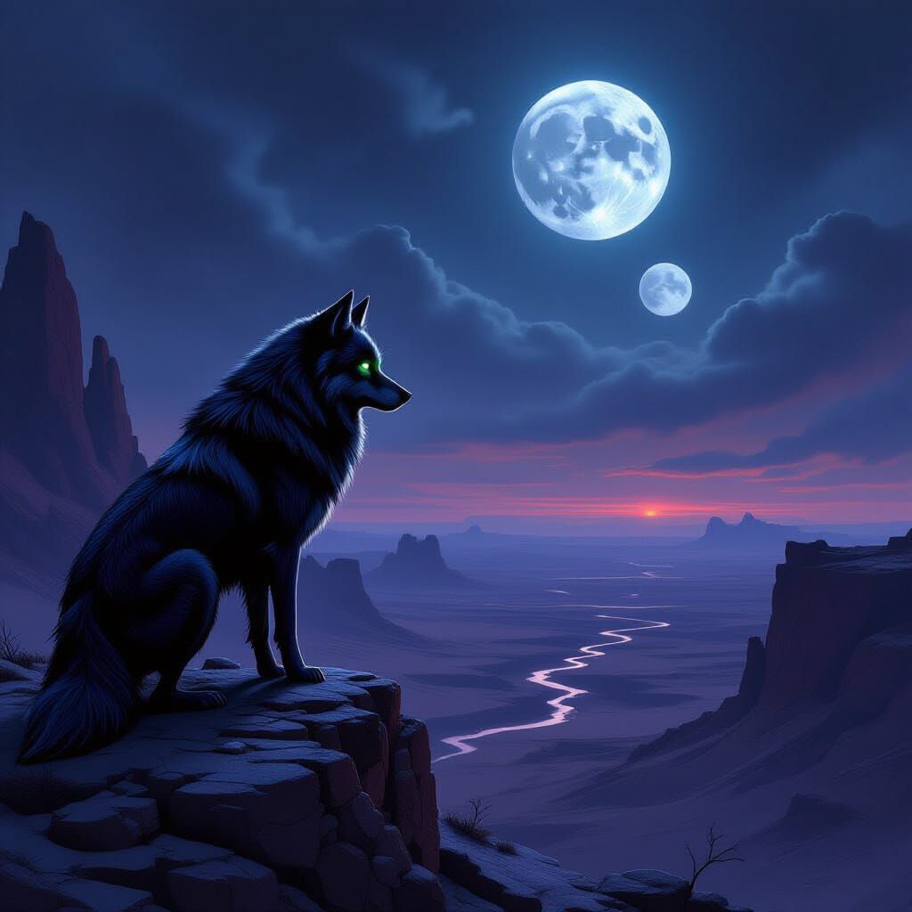Gothic Wolf on Alien Desert Under Twin Moons