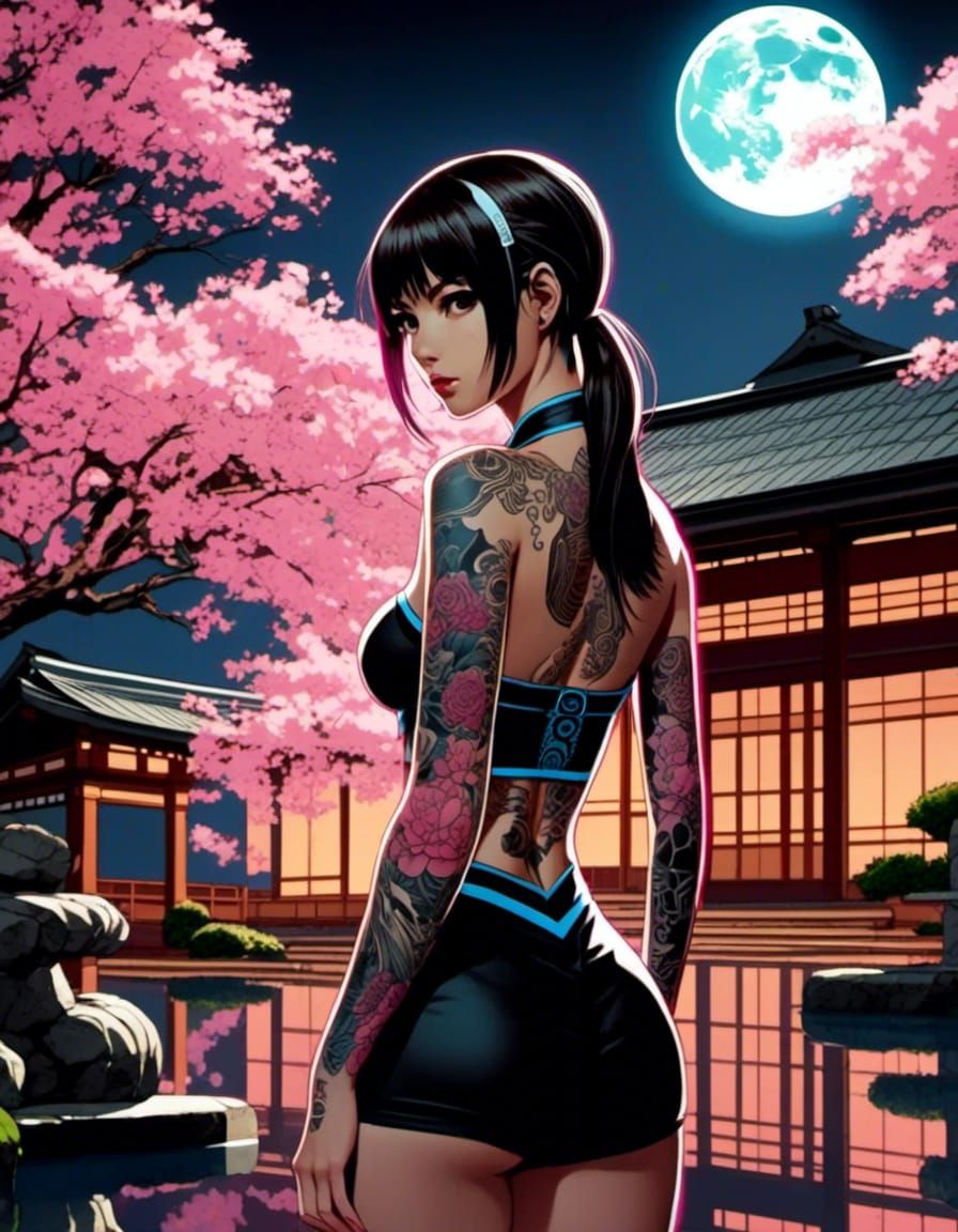 Tattooed Yakuza Maiden, sullen expression standing in Japanese garden, moonlight, pink, brown and black. <lora:Gridimati...