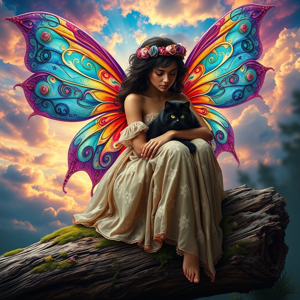Serene Fairy with Cat in Vibrant, Ornate Style