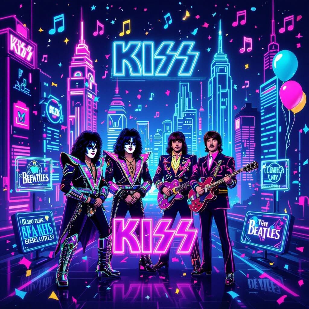 Neon Retro Cityscape with Kiss & Beatles 80s/90s Fest