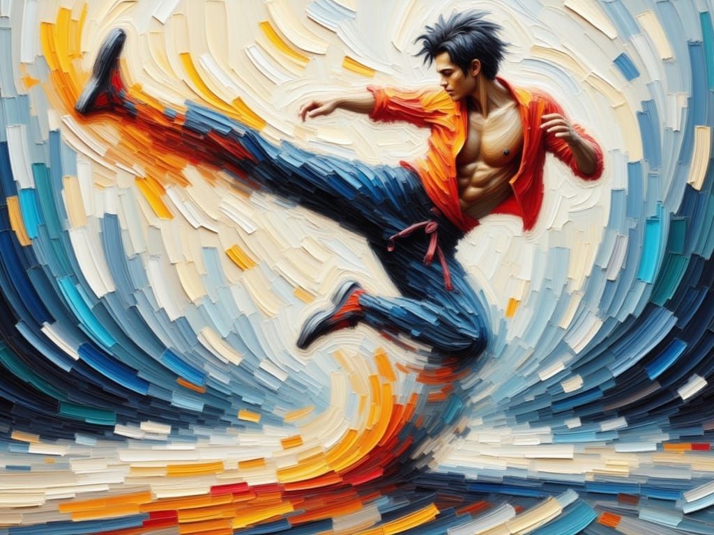 Dynamic Martial Art Flying Kick in Abstract Expressionism