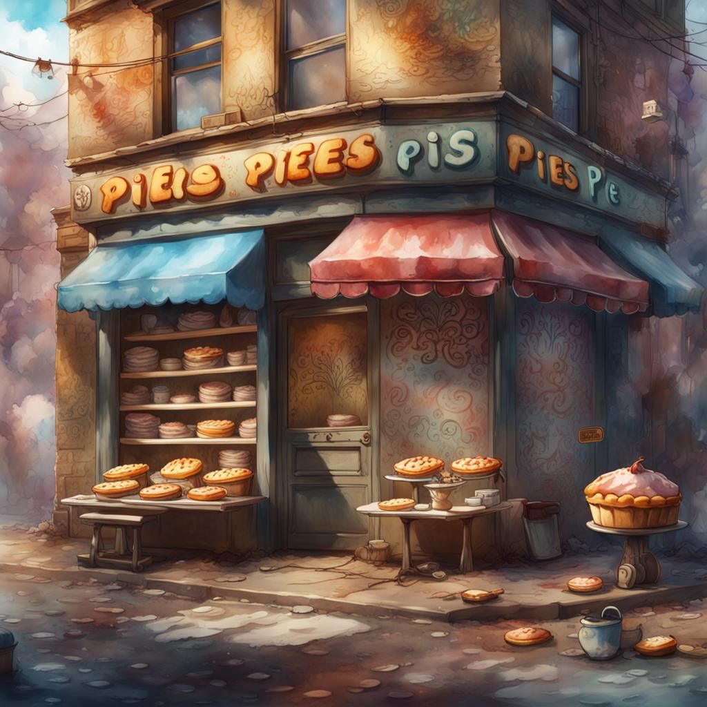 Whimsical Pie Shop in Watercolour Graffiti Style