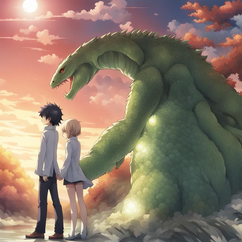 Human and Reptilian Walking to Future in Anime Style
