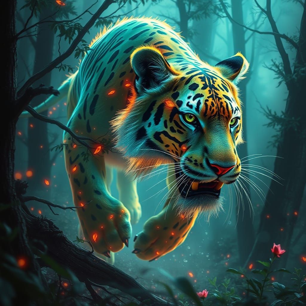Fluorescent Liger in Fantasy Forest: Detailed Matte Painting
