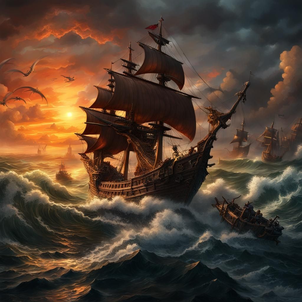 Pirate Ships Clash Under Dragon's Shadow
