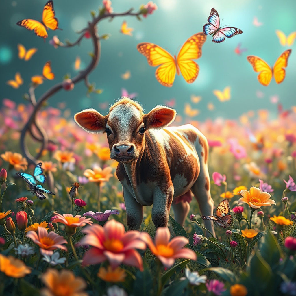 Iridescent Butterflies and Baby Cow in Floral Field