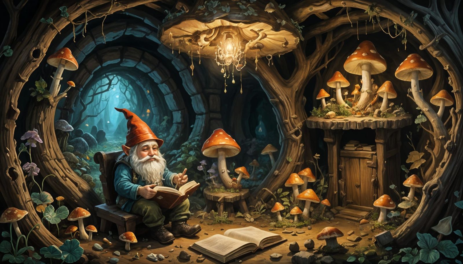 Gnome Reading in Mushroom Lit Burrow, Baroque Oil Painting