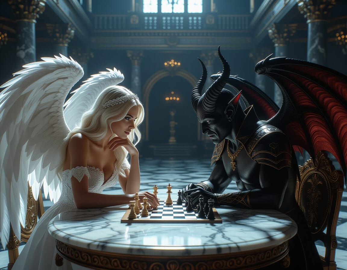 Angel and Demon Play Chess in Grand Hall