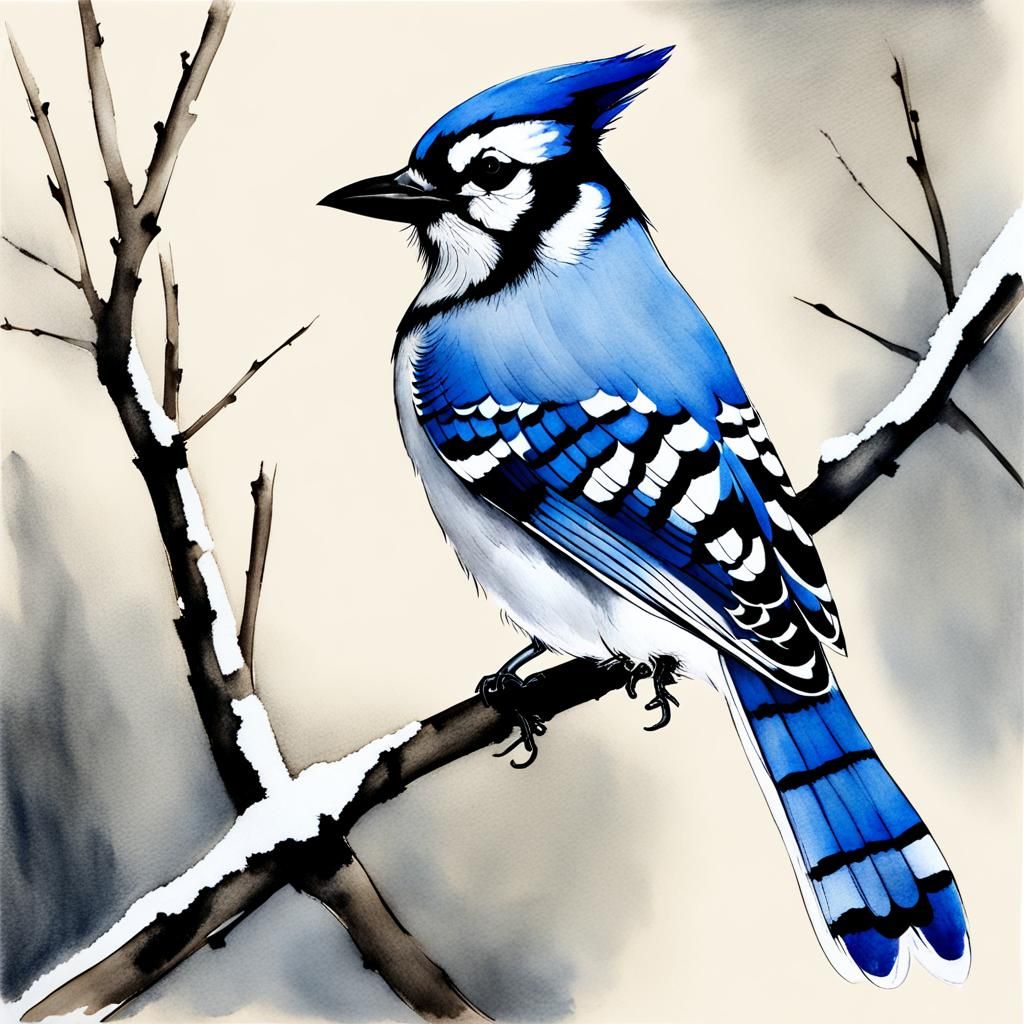 Blue Jay in Winter: Sumi-e Ink Wash Painting