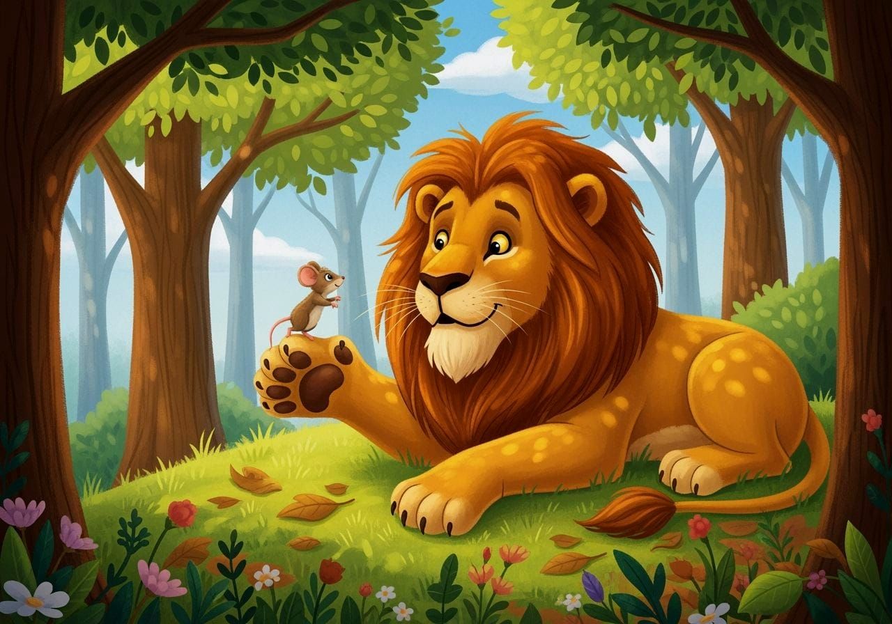 The Lion and the Mouse Storybook Illustration