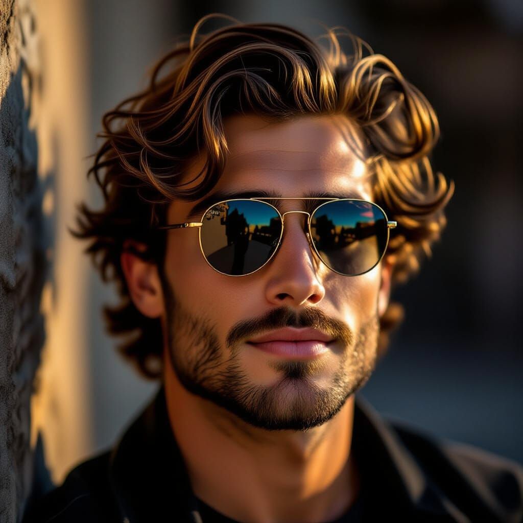 portrait of a handsome young man with wavy hair and sunglass...