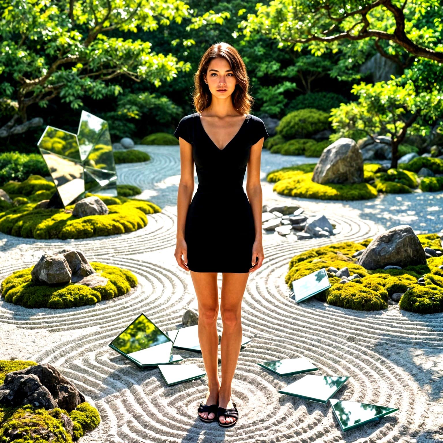 Kaleidoscopic Zen Garden with Woman in Broken Mirror Shards