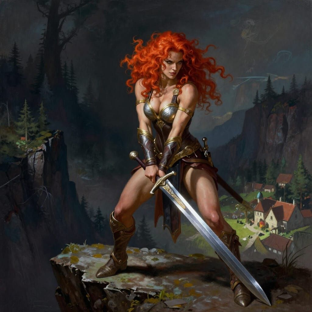 Warrior Woman with Sword on Cliff Edge