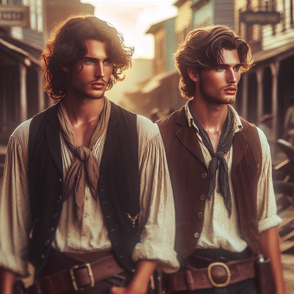 Nordic Brothers in Old West Town: Cinematic Film Still