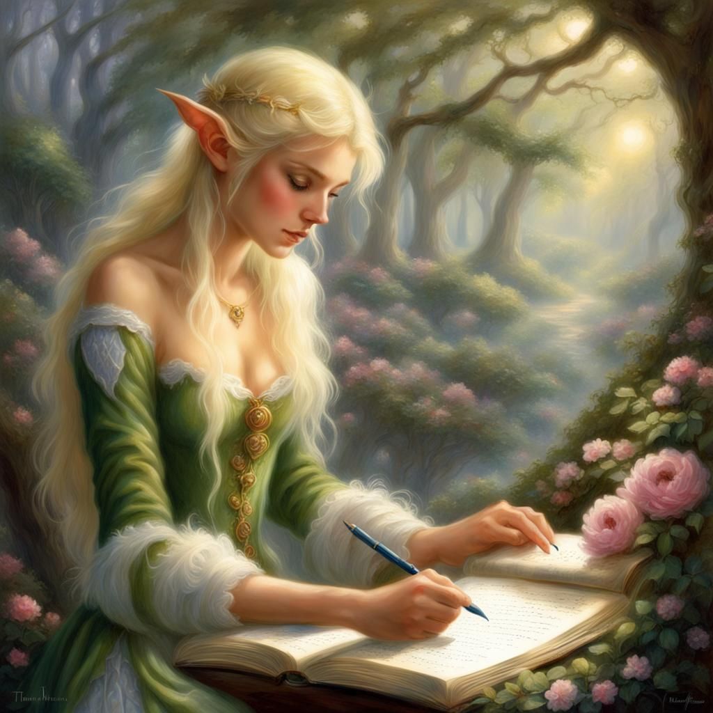 Ethereal Elf Writes Poem in Hyperdetailed Fantasy Art