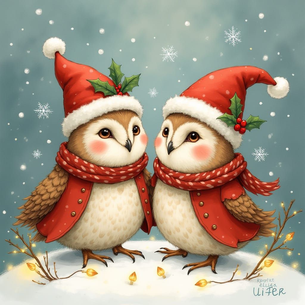 Owls as Father Christmas in Watercolor Winter Scene