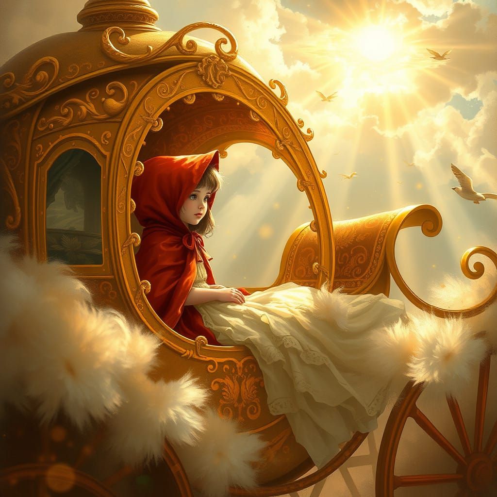 Elegant Little Red Riding Hood in Golden Carriage