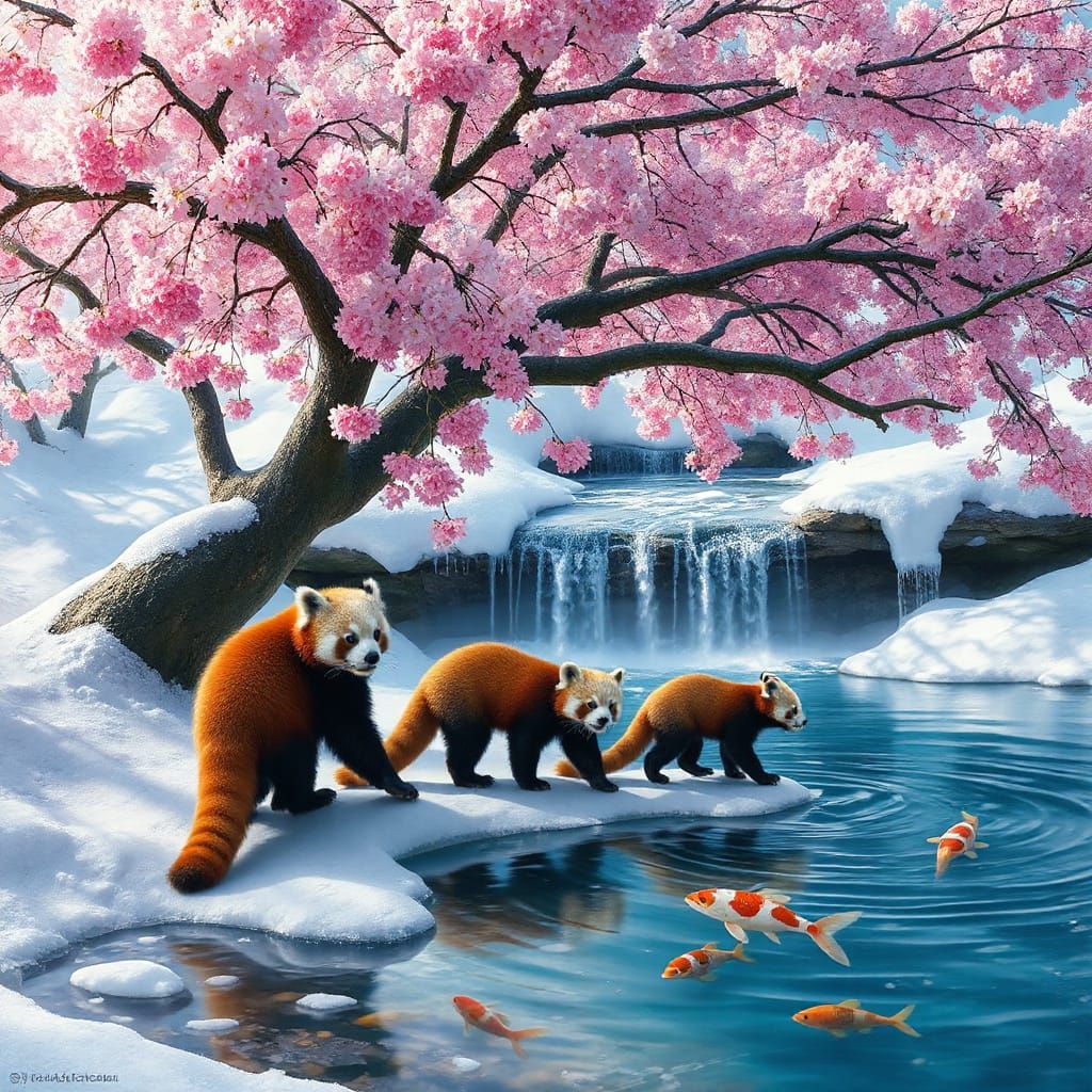 Cherry Blossom Oasis with Cautious Red Pandas
