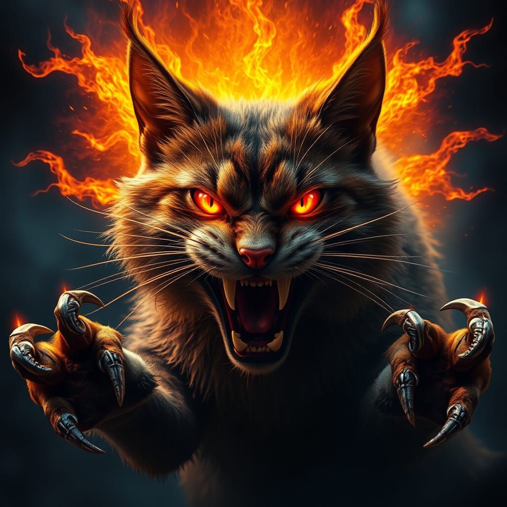 Majestic Enraged Cat in Fiery Halo