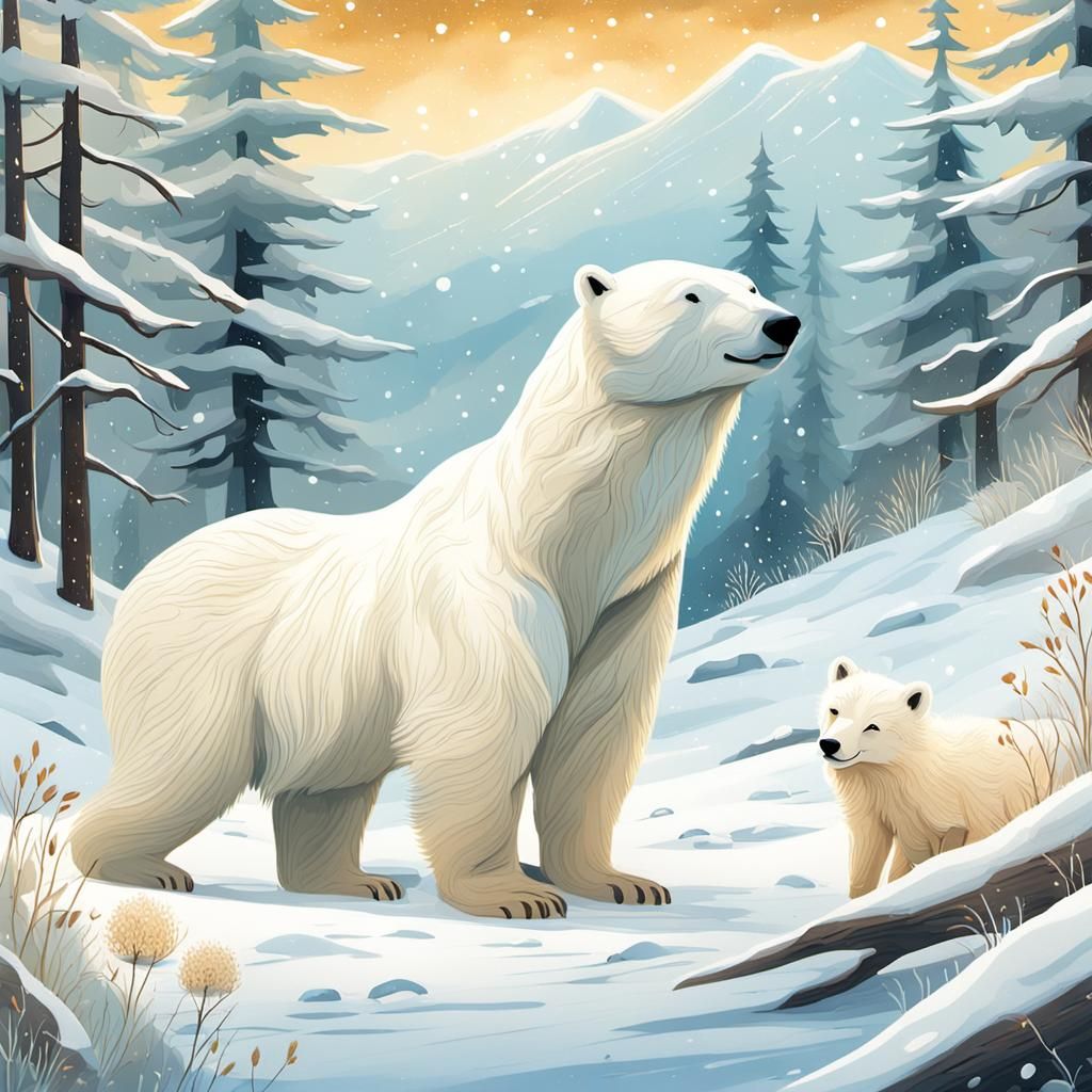 Playful Polar Bear and Fox in Storybook Style