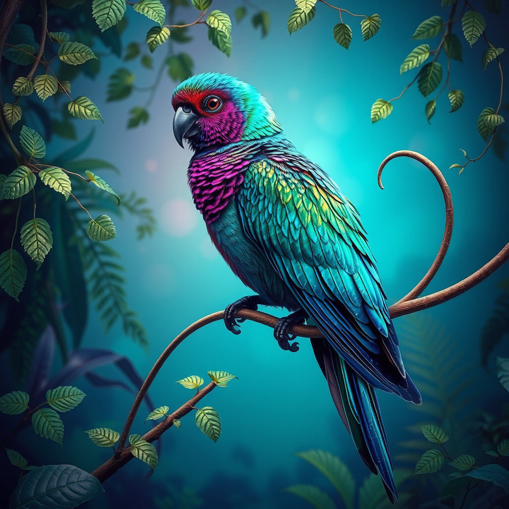 Iridescent Bird on Branch in Hyperrealistic Style