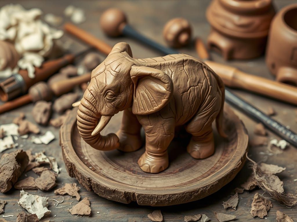 Miniature Clay Elephant Sculpture in Woodcut Style