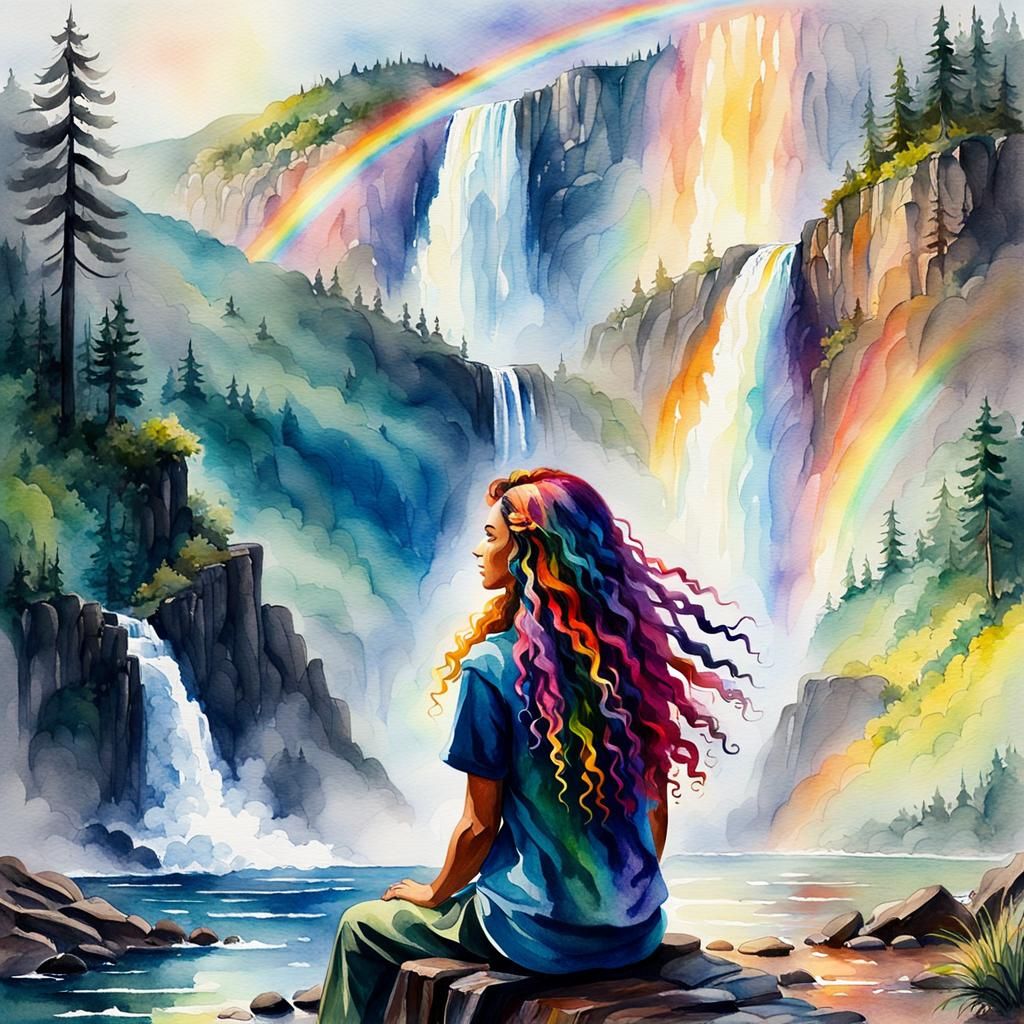 Girl Gazing at Rainbow Waterfall: Watercolor Oil Painting