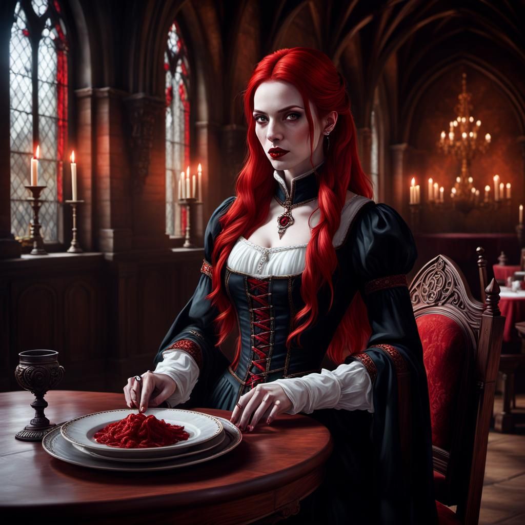 Vampire lady eating blood meat