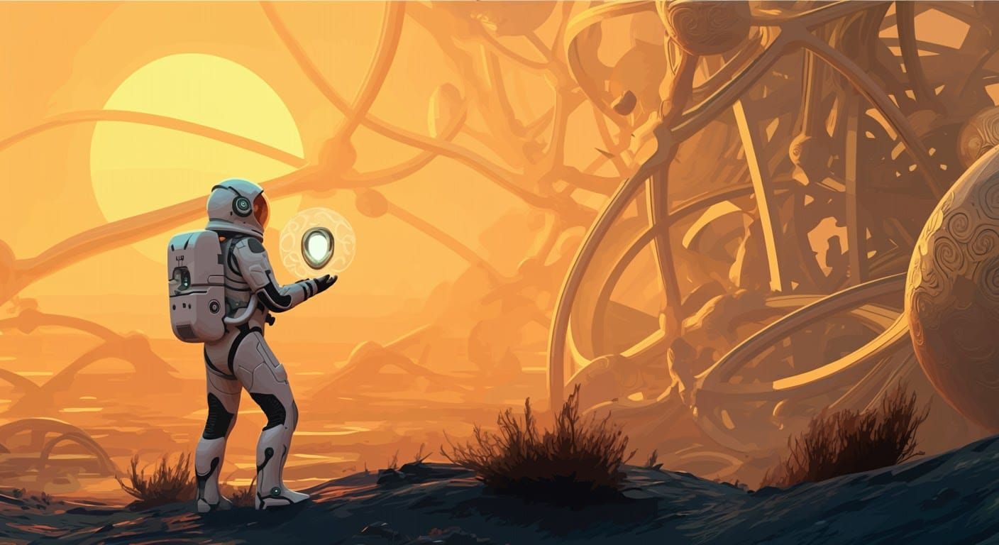 Astronaut Gazing at Fractal City at Sunset