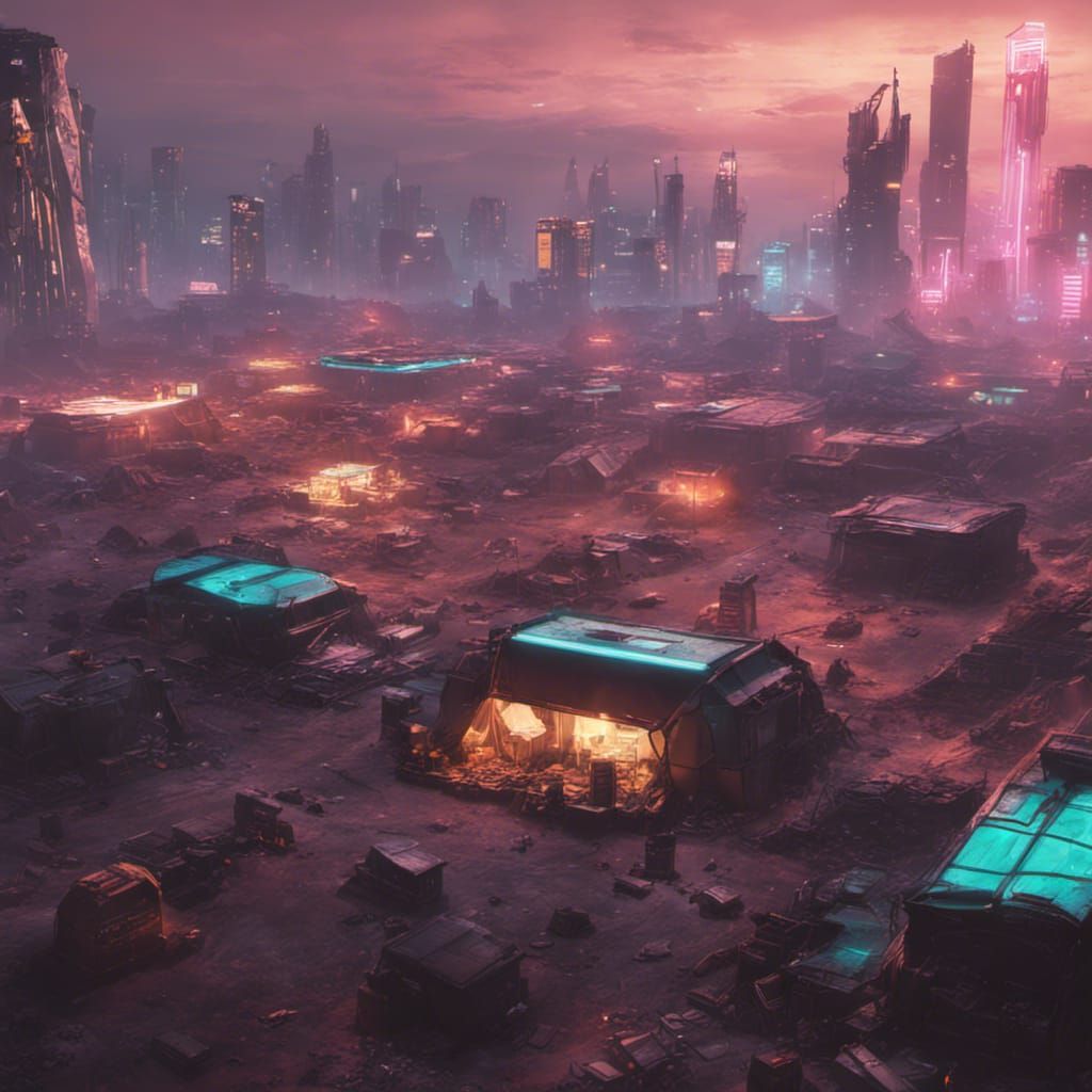 Cyberpunk Camp in Futuristic Neon Landfill