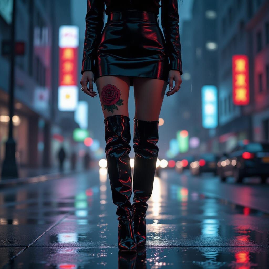 Woman in Leather Boots: Cyberpunk Cityscape
