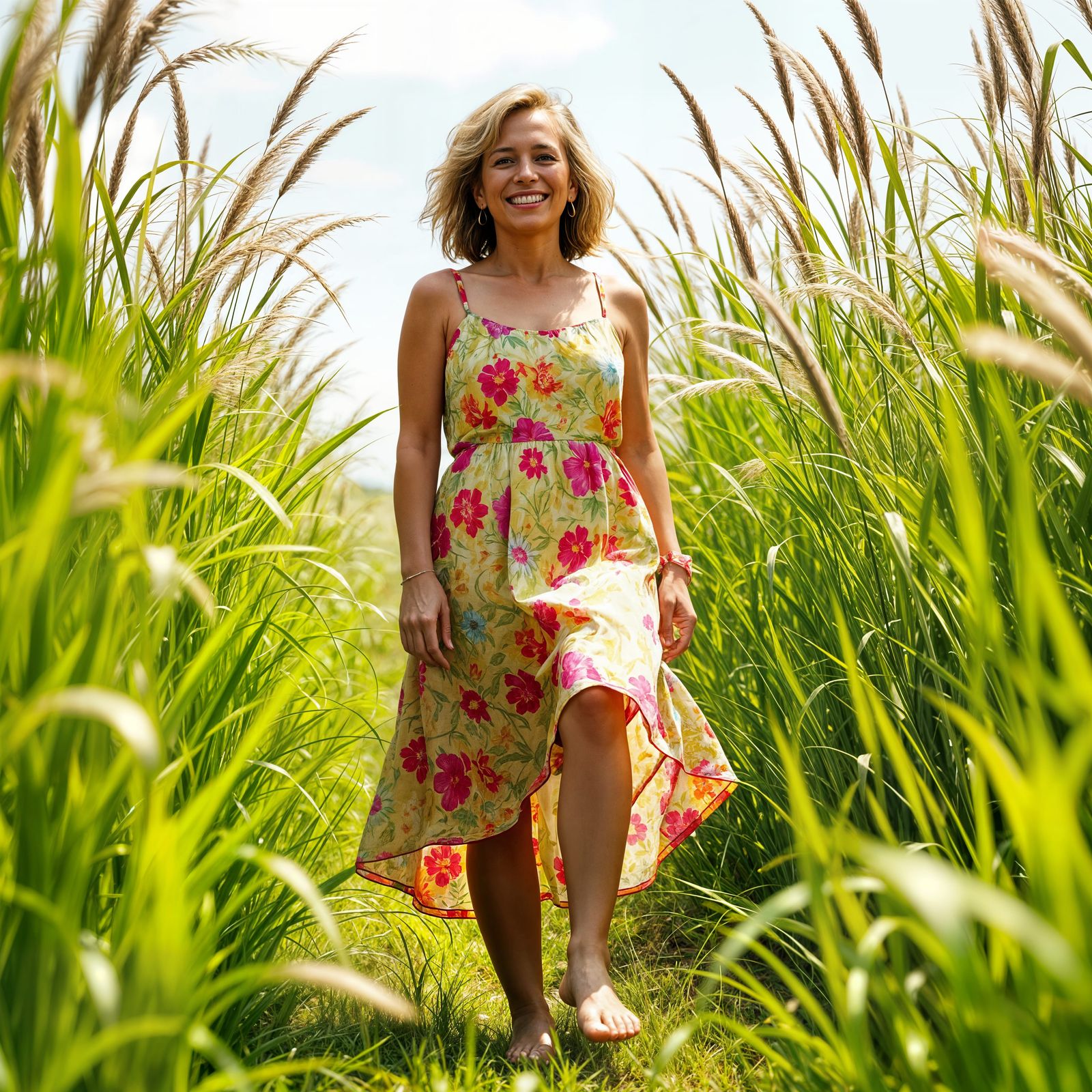 Barefoot Woman Smiling in Summer Field