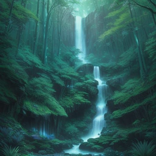 Crystal Dragon Beside Waterfall in Enchanted Forest