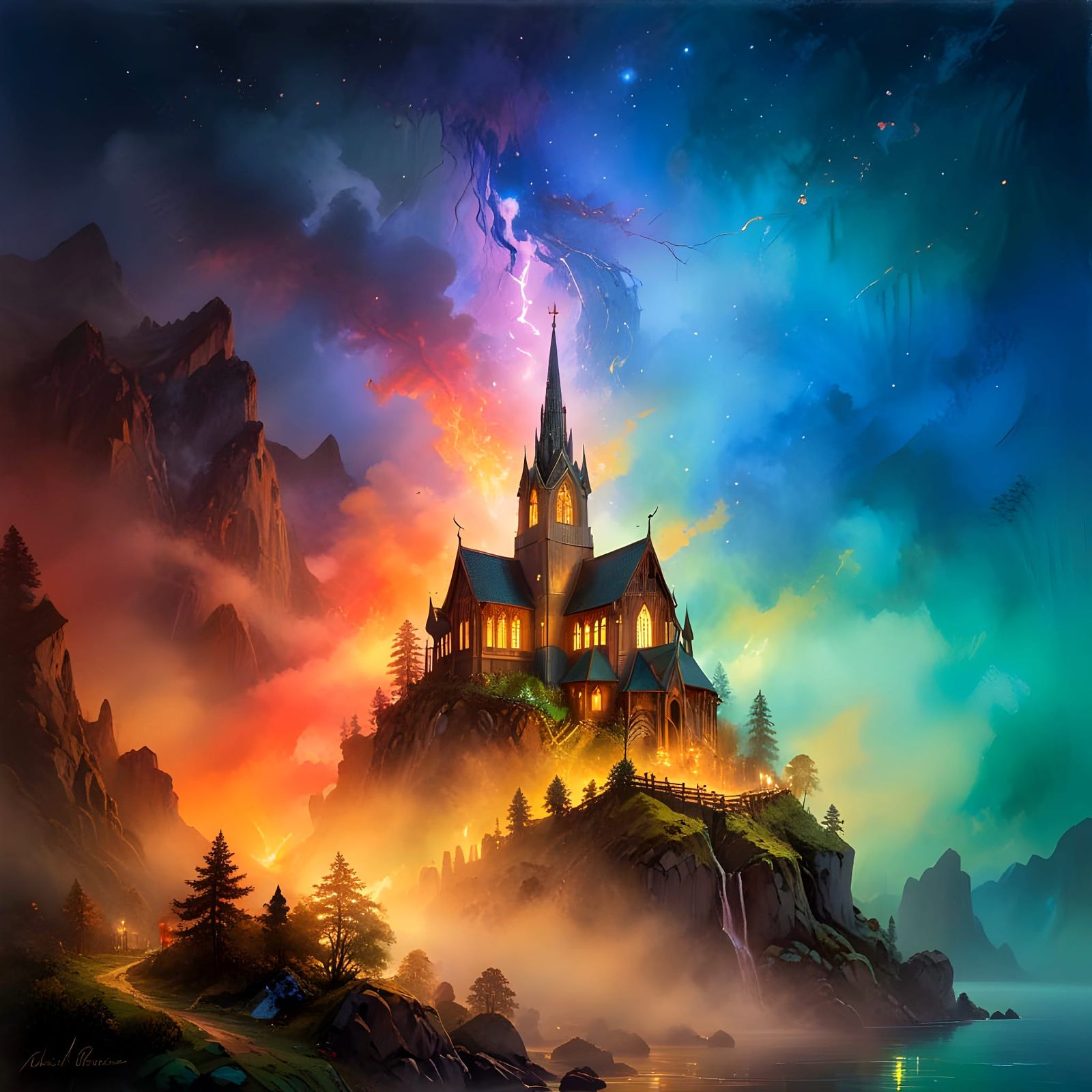 Ethereal Fjord Church Scene in Vibrant Colors