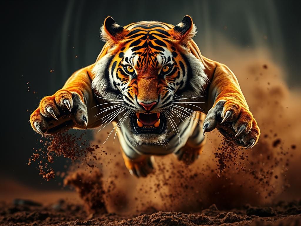 Muscular Bengal Tiger Leaping with Intense Gaze