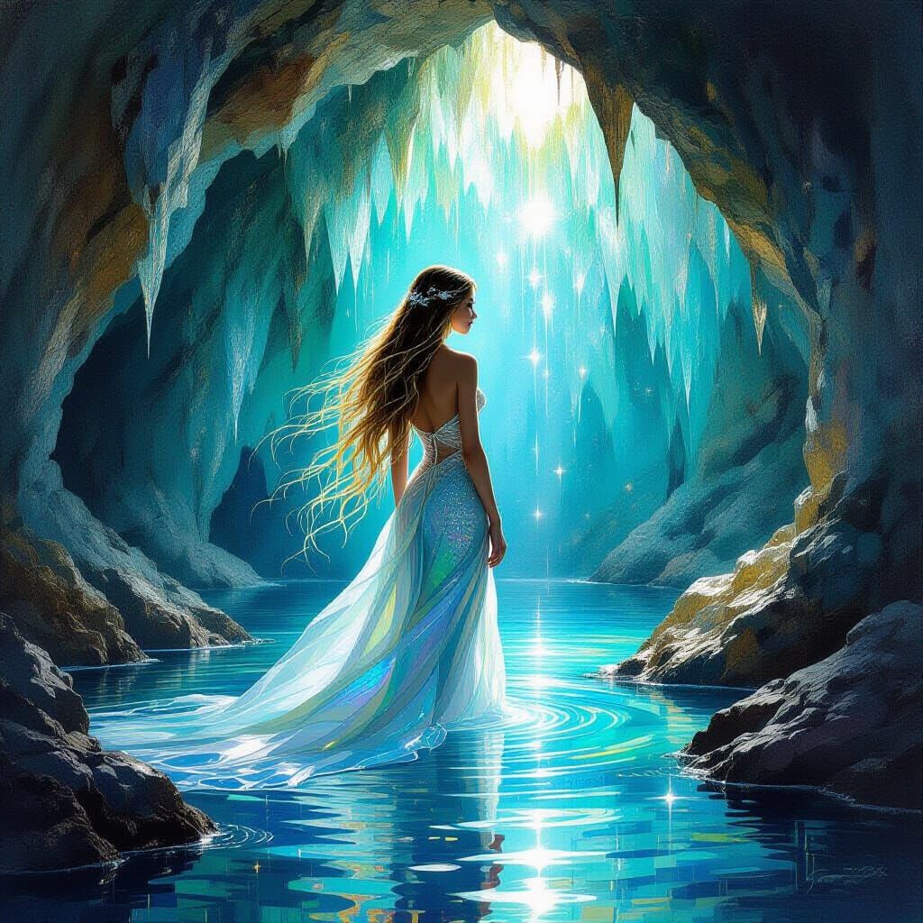 Goddess Emerges from Crystal Cave in Impressionist Style