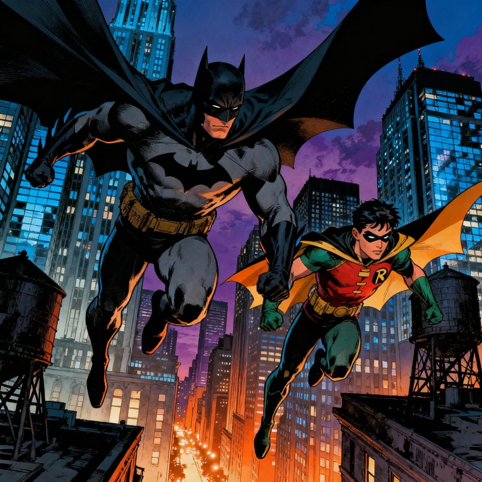 Batman and Robin Air-Walking in Metropolis Evening